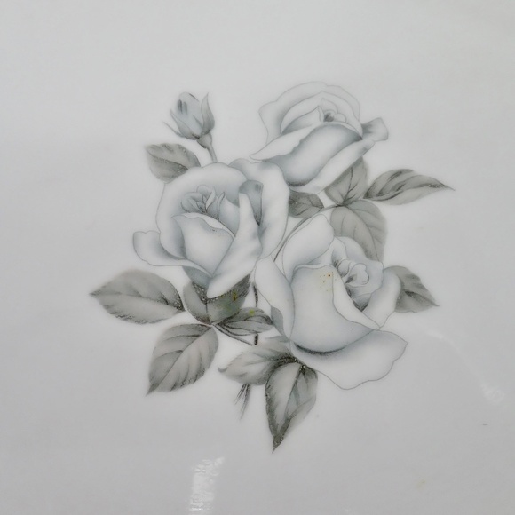 Vtg Japanese Broadway Rose Pattern Fine China Platter Silver Trim Grey on White - Picture 10 of 13